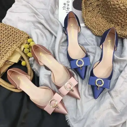 新款绸缎中跟女鞋甜美百搭时尚高跟鞋