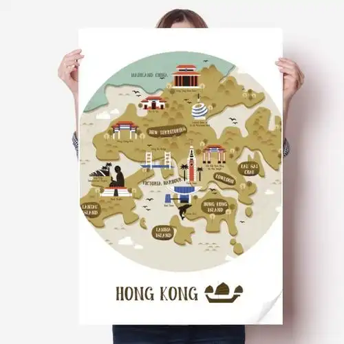 贴纸香港传统地点地图中国中国海海报80x55cm卧室宣传单