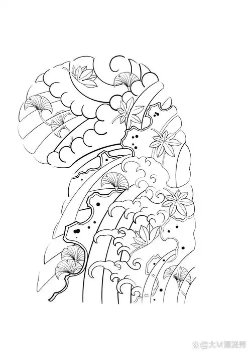 纹身手稿设计|老传统|半甲纹身 客诉要求元素"枫叶,银杏叶,海浪"