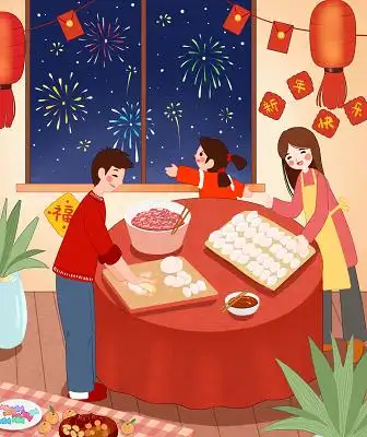 鼠年插画春节插画新年插画卡通手绘新年包饺子团聚大餐原创手绘素材