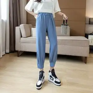 松紧腰糖果色扣子装饰萝卜裤阔腿束脚裤雪纺长裤女夏 985#图片