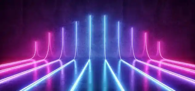 未来科幻现代空舞台带紫色和蓝色发光霓虹灯管形状空空间壁纸背景3d