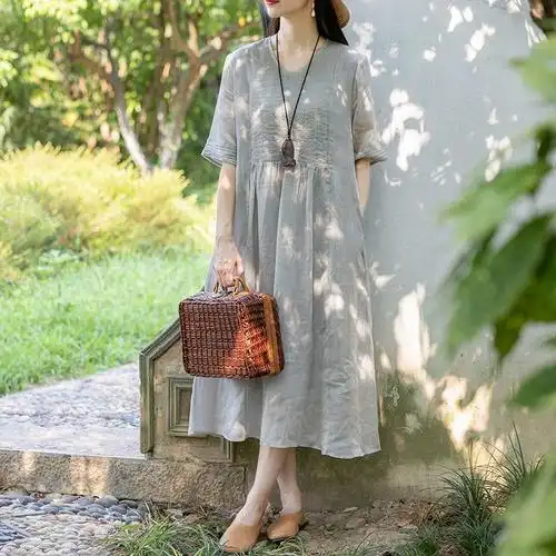 非实拍原创抽褶苎麻显瘦显白夏装连衣裙文艺棉麻女装通勤裙子