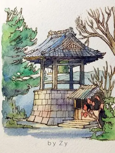 水彩手绘# 日本庭院.