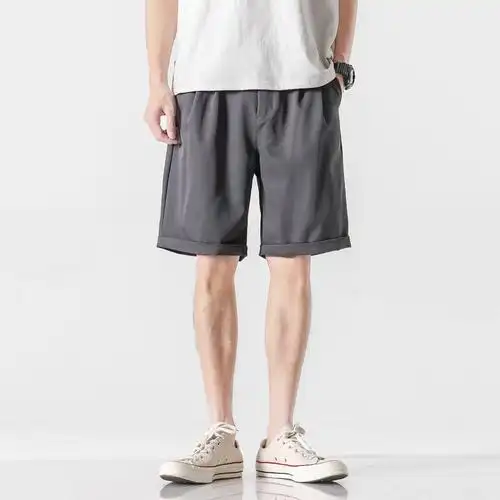 港风宽松纯色裤子男ins潮流休闲五分短裤薄西裤冰丝沙滩裤男日系