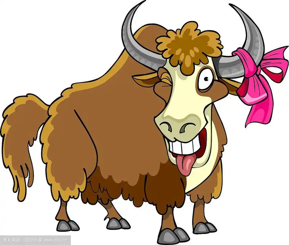角上带着蝴蝶结的卡通野牛在眨眼