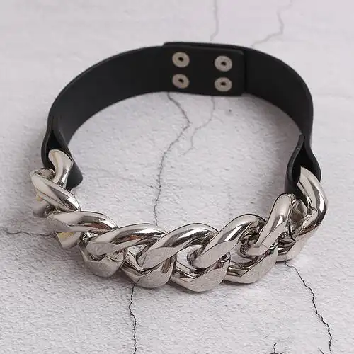 2019新款 暗黑系潮搭chocker按扣pu皮皮带拼接粗链条短项链项圈女