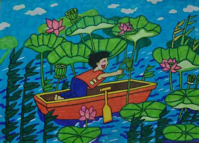 彩笔画《采莲》,二等奖,获奖者:杨毅,13岁.