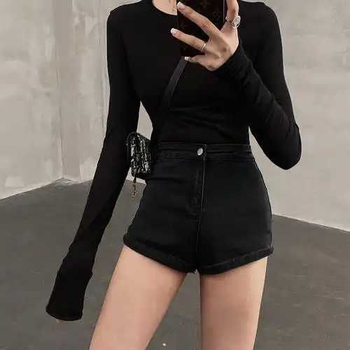 黑色高腰牛仔短裤女2024年夏新款修身显高性感紧身热裤 - 17网