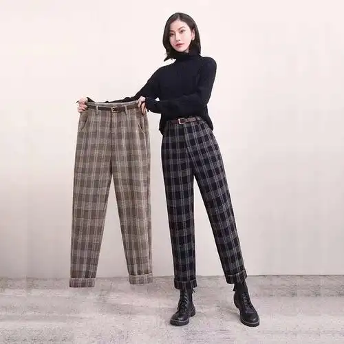 高腰小脚格子裤女