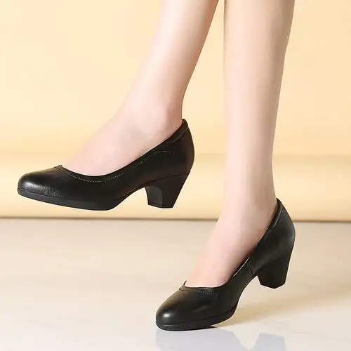 职业工作鞋女2020新款真皮粗跟四季单鞋防滑软底轻便中跟女士皮鞋