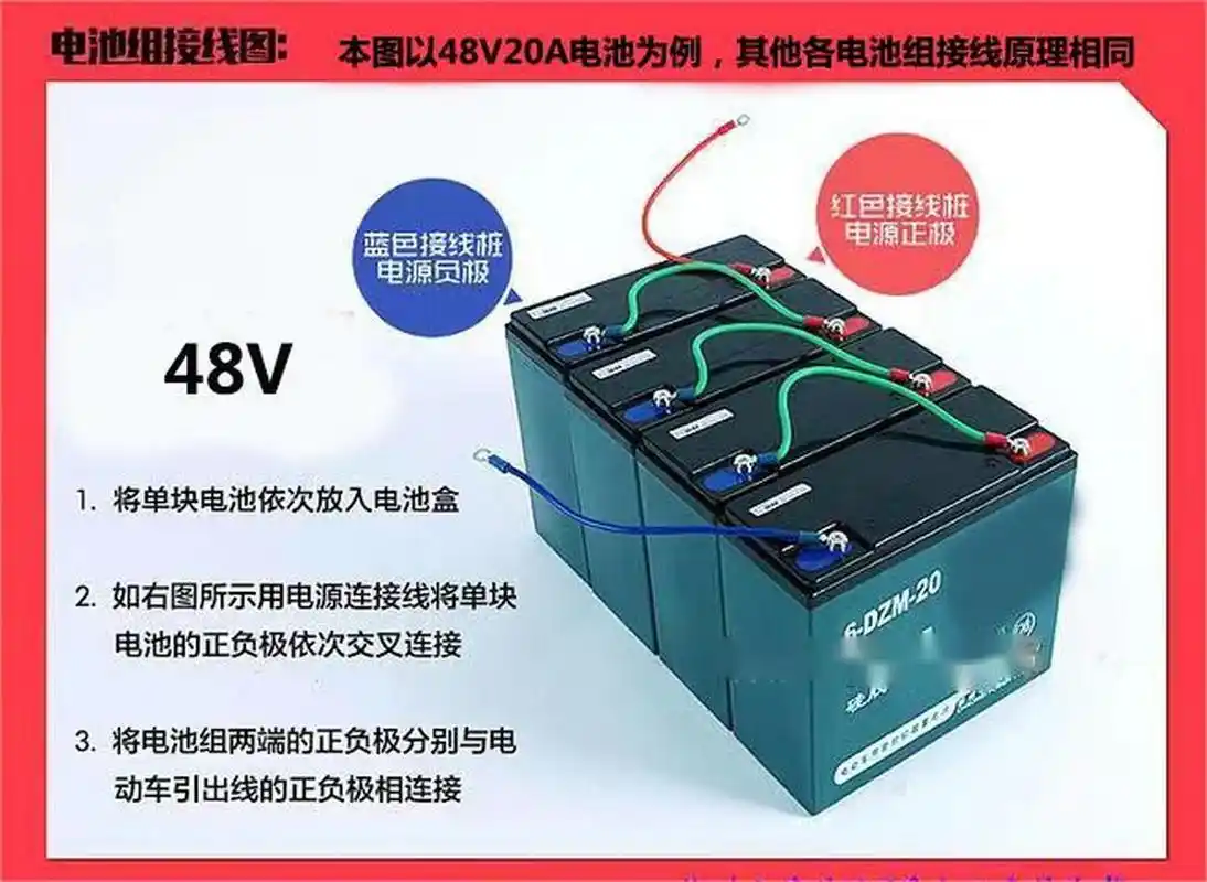 普及一下电动车装电瓶接线方式,48v60v72v都可以,每个电瓶串联起来