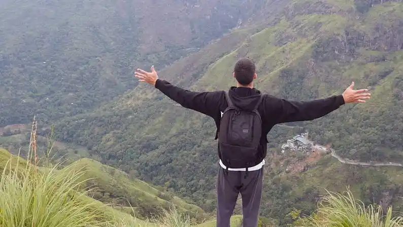 男青年,游客,背包,站立,边缘,漂亮,峡谷,抬手,男性