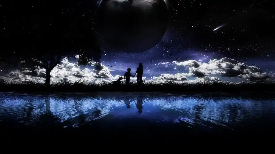 姐弟牵手,小狗,星空,树,夜晚,非主流意境壁纸