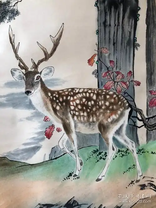 刘奎龄-四尺中堂国画《梅花鹿》100%纯手工手绘 精装精裱立轴 朱红