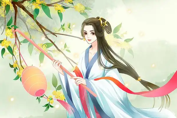 古风唯美桂花树下的提灯笼的古装少女原创插画海报古风中国风花