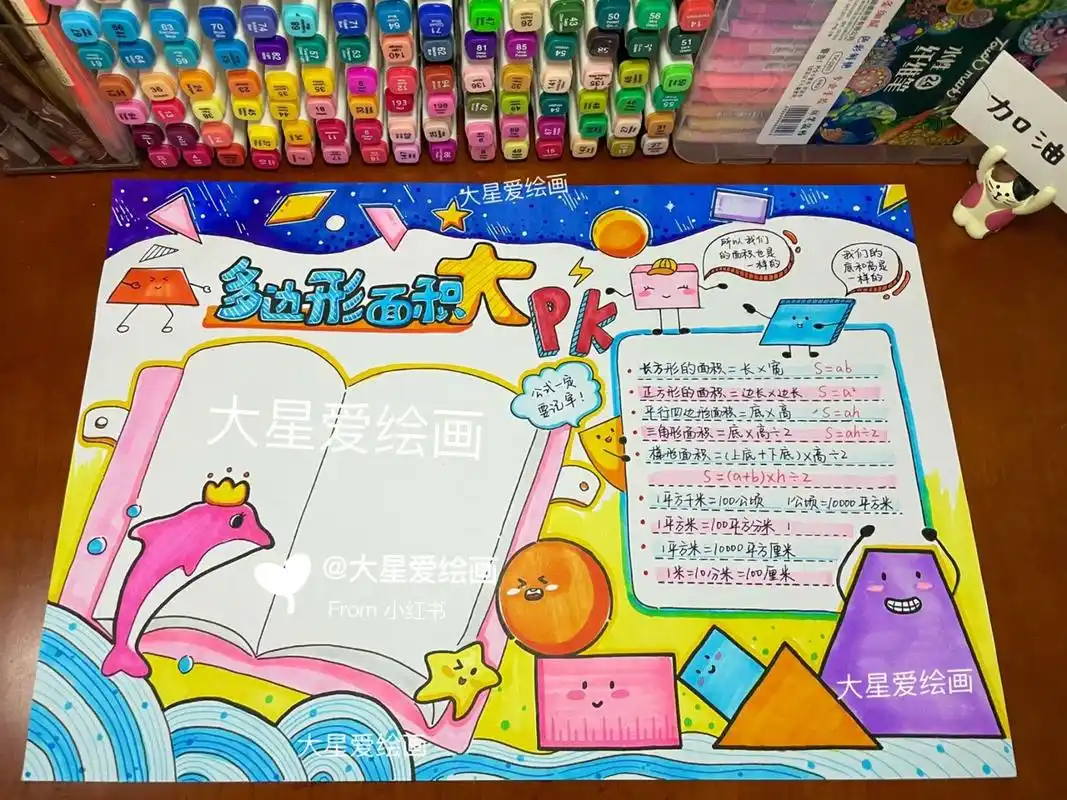 多边形面积手抄报 8k白卡纸 马克笔 左边书里可以写例题也可以写数学