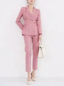 春秋高端条纹西服套装女职业装气质女神范显瘦洋气粉色西装两件套