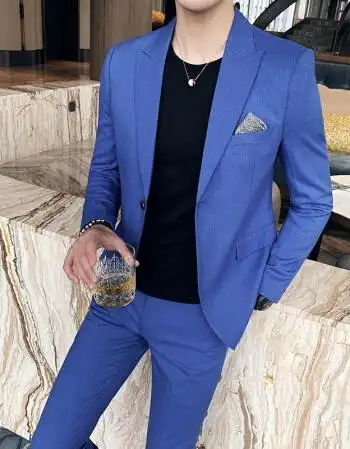 春夏新款修身薄款男士商务休闲西装大码职业正装外套天蓝色单外套xl