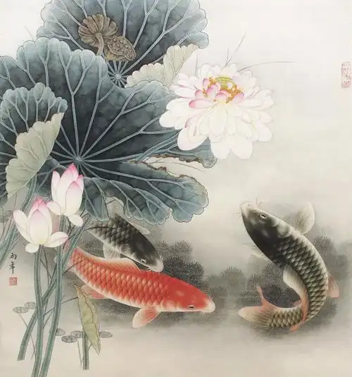 路雨年 工笔荷花鲤鱼图
