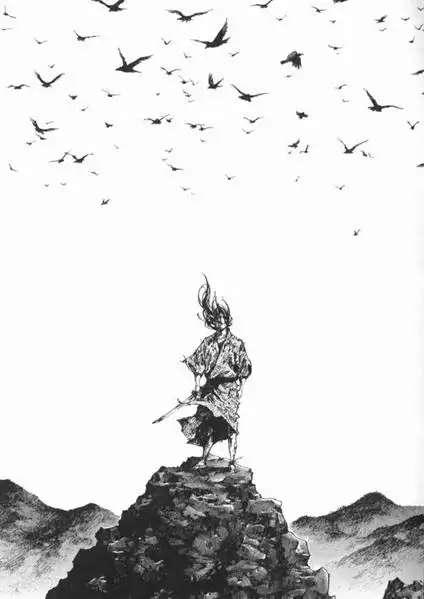 求一张卡通图片(大概意境就是:一个孤独的剑客在站在山顶,双手环抱一