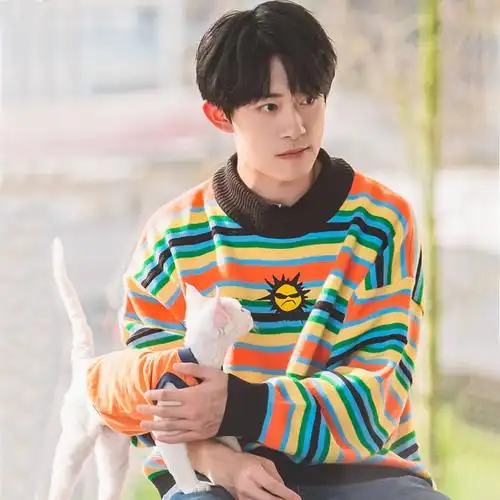易烊千玺同款衣服彩虹条纹毛衣秋冬学生百搭集成电路(ic)