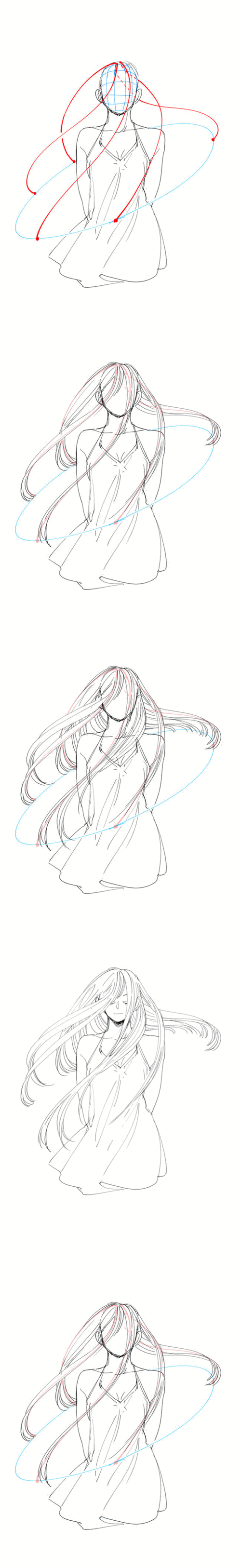 风力较大时头发飘动的幅度更大,而且有一个向上飞的趋势.