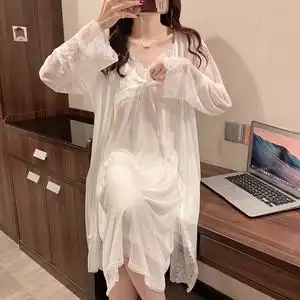 吊带睡裙女网纱性感浴袍睡袍蕾丝披肩睡衣带胸垫两件套仙女公主风