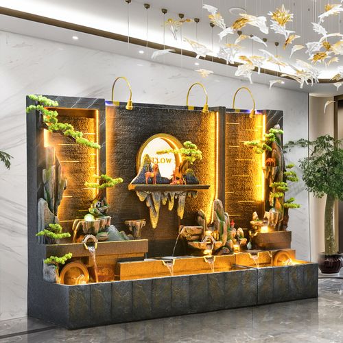 大型假山水景落地流水屏风客厅大堂水幕墙循环水摆件公司装饰造景