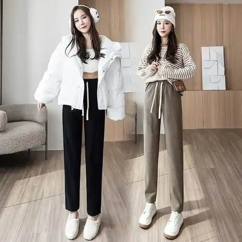 休闲裤子2023秋冬季女高腰萝卜裤小个子加厚烟管裤新品灯芯绒女裤