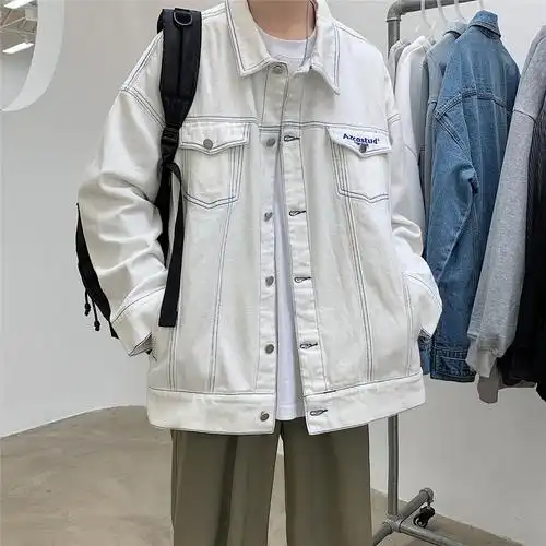 (今日5折)白色牛仔夹克男春秋季ins潮牌情侣宽松上衣日系休闲百搭工装