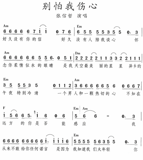 张信哲别怕我伤心简谱