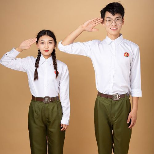 芳华农民学生抖音70年代衣服老式知青服装白衬衣海魂衫蓝绿裤演出