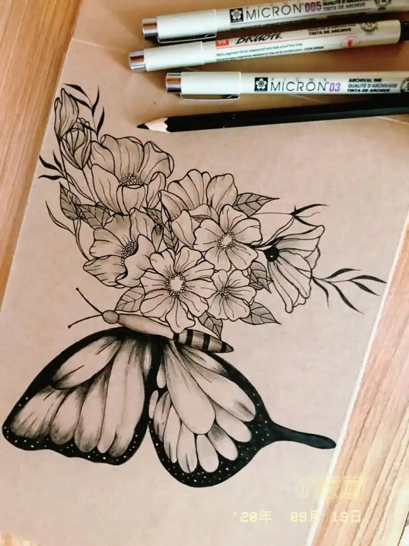 针管笔黑白装饰画临摹 花蝴蝶🦋步骤图分享 9月份孕晚期坚持的一天