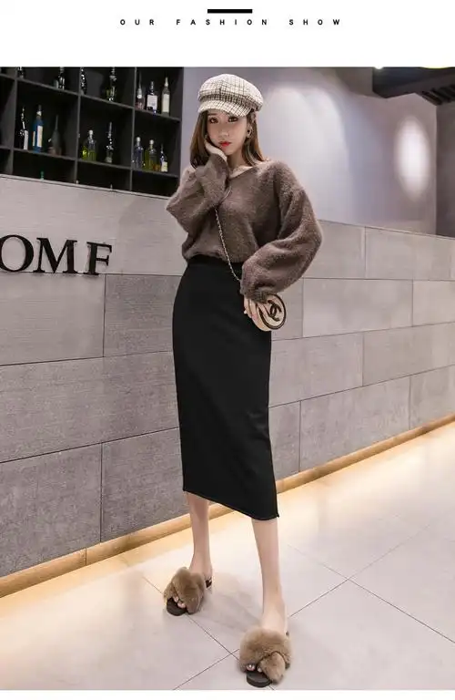 实拍一步裙长裙秋冬毛线裙高腰显瘦百搭网红中长款针织包臀半身裙