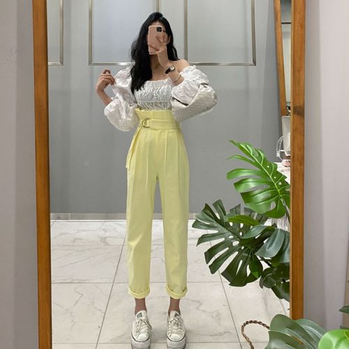 韩国东大门2021夏款高腰花苞荷叶边侧边系带休闲显瘦萝卜裤长裤女