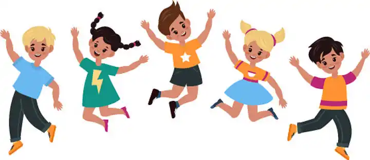 快乐微笑的孩子们一起玩耍和跳跃,可爱的活跃男孩和女孩团体庆祝活动