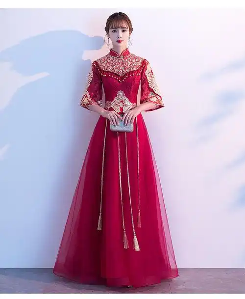 恒源祥【优雅气质】晚礼服新娘敬酒服秋夏酒红色结婚礼服女秀禾服喇叭