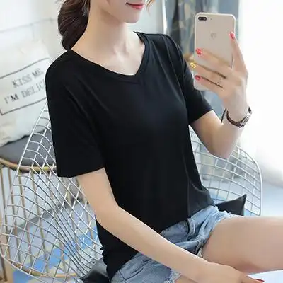 语娄莫代尔v领t恤女短袖夏季薄宽松大码女装纯色黑色体恤打底衫上衣