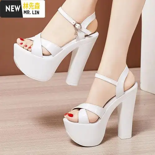 林先森15cm超高跟模特走秀凉鞋女夏粗跟防水台大码白色恨天高车展凉鞋