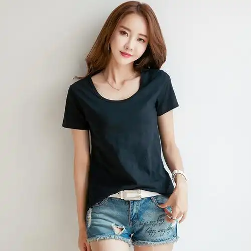 纯棉短袖夏季女t恤丅土体桖血裇衫运动休闲简单低领上衣服大领口
