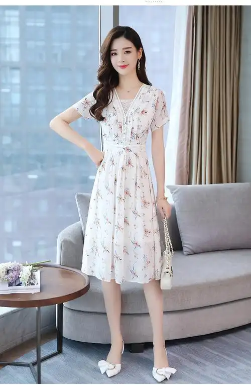 雪纺连衣裙女夏新款印花显瘦韩版小清新中长款碎花裙 兰色 l