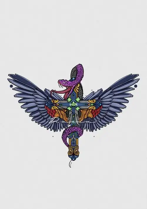 "十字架""翅膀""曼巴蛇"#纹身设计  #手绘头像  #约稿画画  #纹身手稿