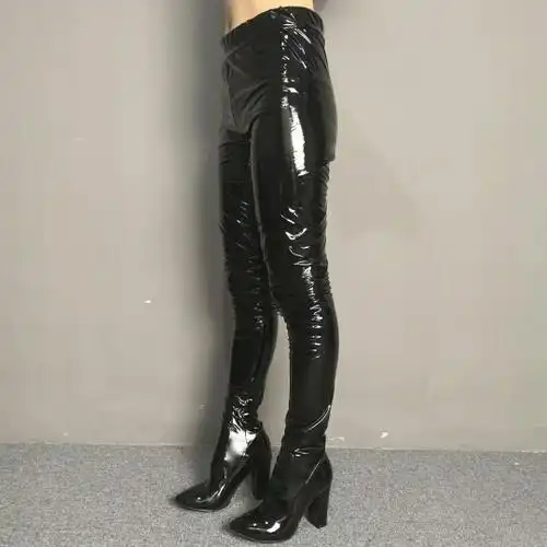 女王sm 长靴_欧美新款裤鞋一体靴修身尖头高跟紧身弹力靴sm漆皮大码靴