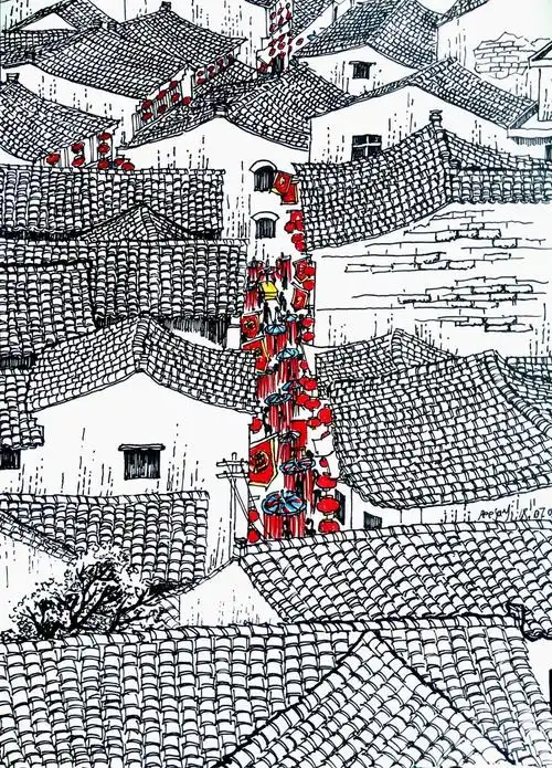 手绘徽派建筑,黑白中一道靓丽的色彩-彩铅画|水彩画|素描|国画|美术生