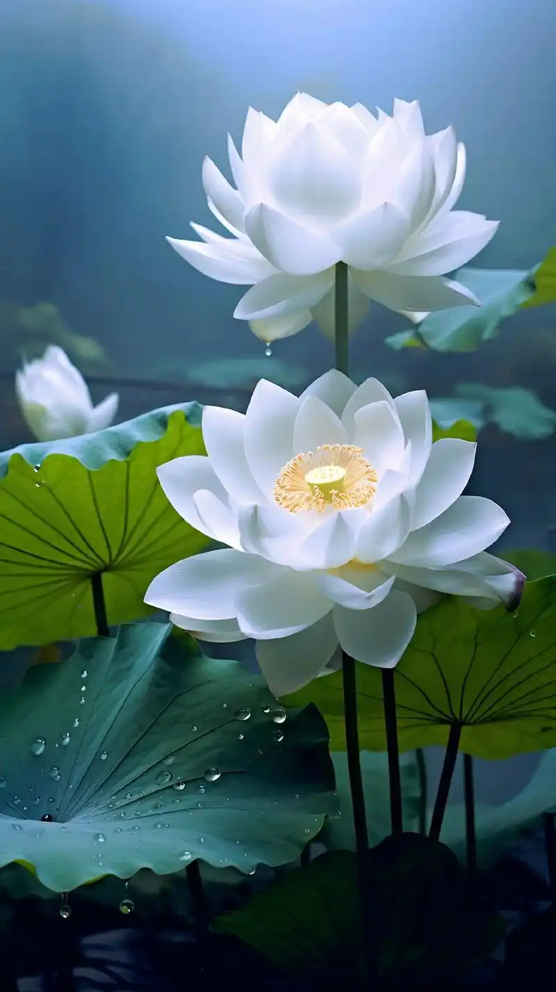 白色荷花盛开,圣洁而美丽,静静观赏荷叶上的露珠,感受大自然的 - 抖音