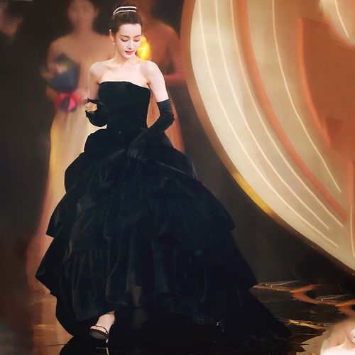 迪丽热巴同款礼服赫本风黑色晚礼服长裙宴会年会复古高端丝绒显瘦