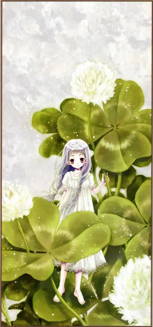 照一张手机壁纸图片,整体绿色,图片上一个穿裙子的卡通小孩在四叶草上