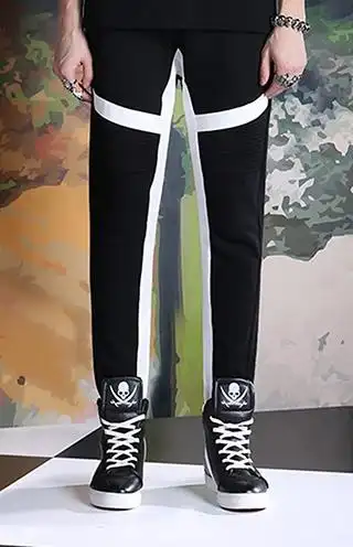 genanx闪电潮牌男士裤子撞色拼接修身休闲裤时尚杂志风男装小脚裤