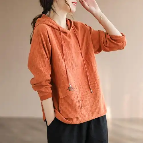 良旧服饰春季新款宽松休闲上衣女装文艺复古双层棉麻纯色连帽卫衣